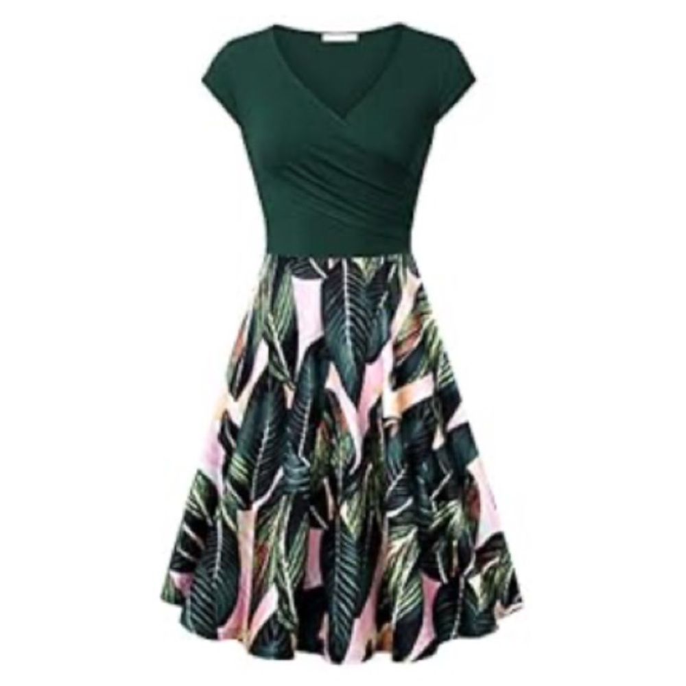 Green Leaf Print V Neck Dress with Cap Sleeves and Elegant Flared A-Line